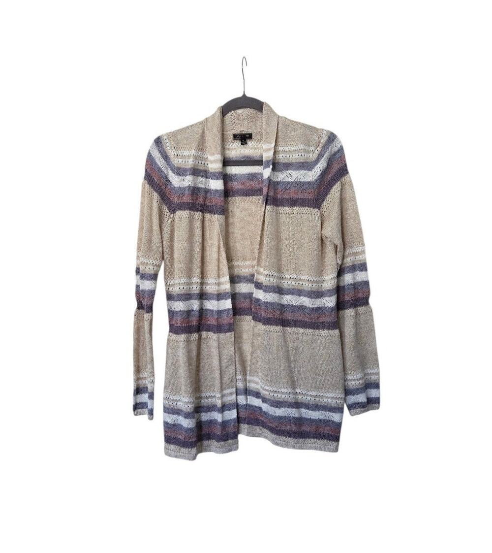 Lety & Me Corinne Crochet Knit Open Front Striped Cardigan Sweater, Size Medium